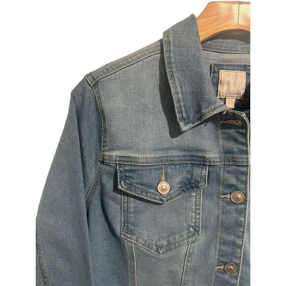 Wax Jean Jacket Womens Medium Denim Trucker Blue Stretch Buttons Long Sleeve NEW - Picture 3 of 11